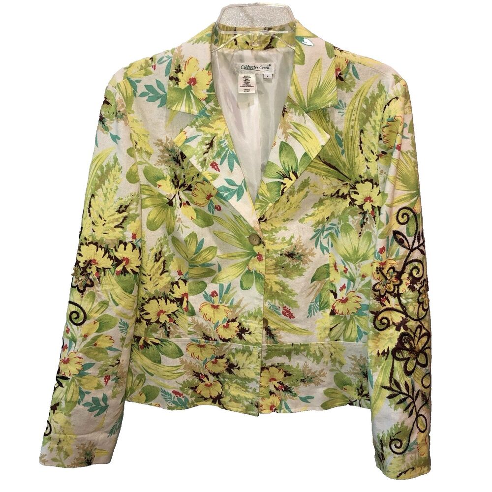 Coldwater Creek Green Floral Embroidered Blazer Size Large Linen Blend Buttons L